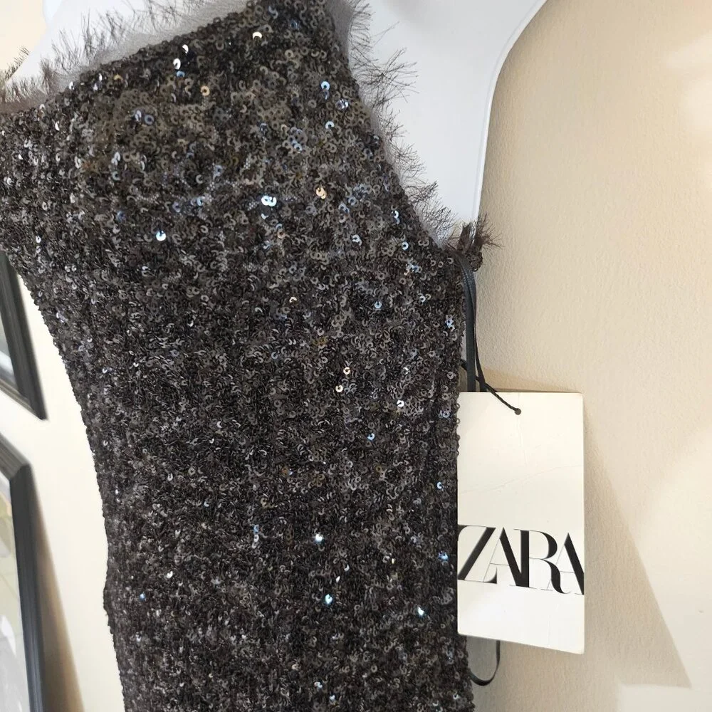 Zara Full Length Brown Sequin Dress - Size XL - Picture 3 of 7